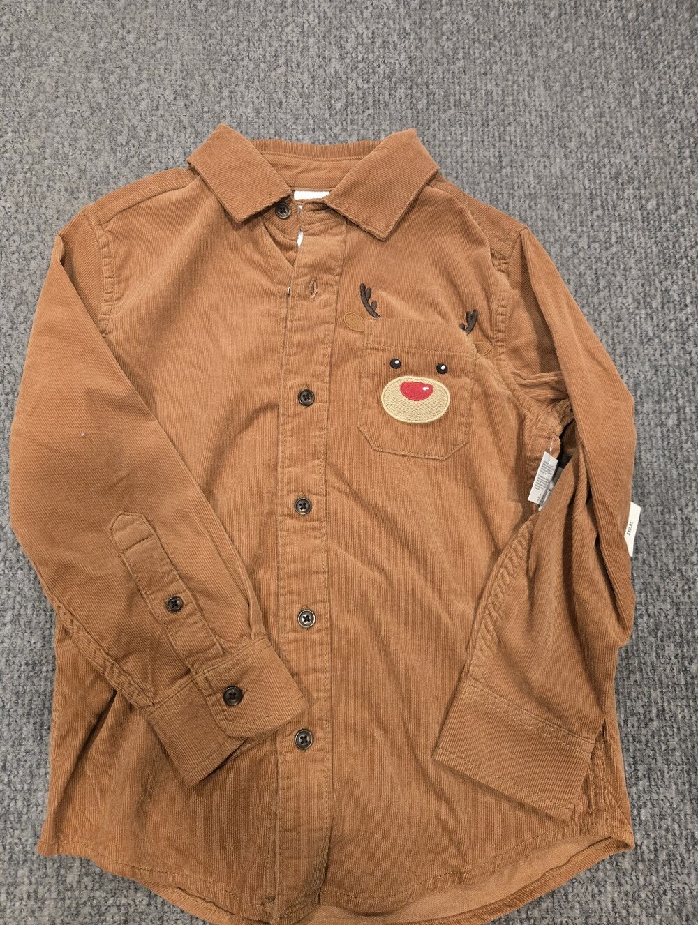 Men's Brown Corduroy Button-Up Shirt with Reindeer Pocket